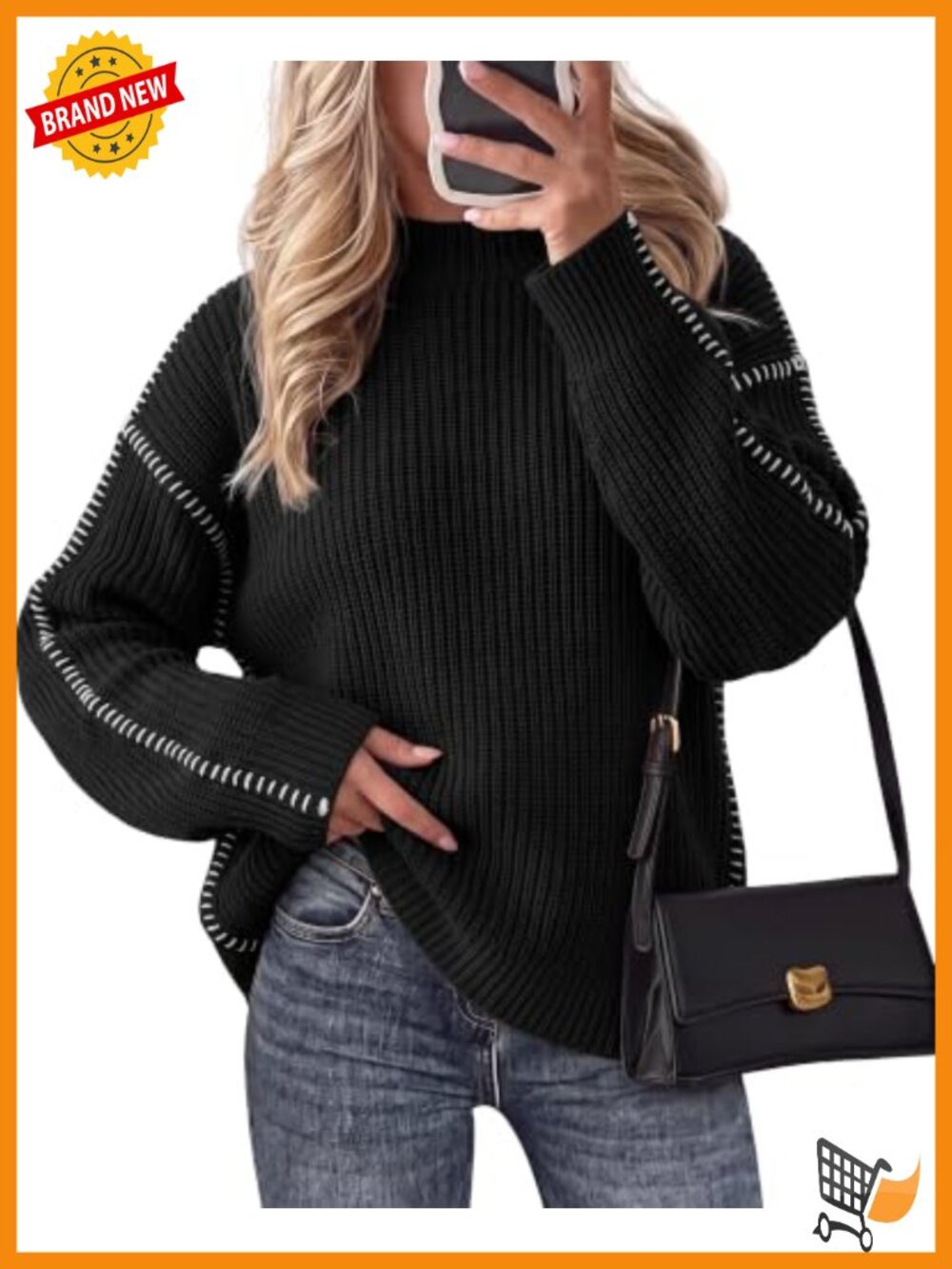 Oversized Chunky Knit Sweater Contrast Mock Neck Pullover